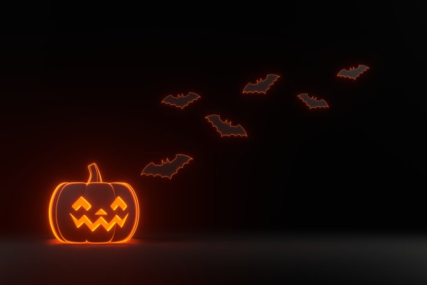 南瓜灯和蝙蝠，黑色背景上的橙色霓虹灯图片下载