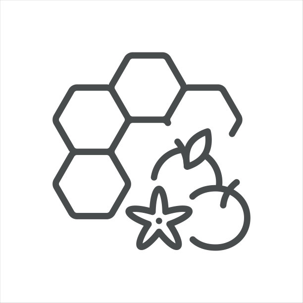 橙花蜂蜜图标。简单的线条插图，蜂巢与橙花和水果，象征柑橘蜂蜜的生产。白色背景上的矢量符号。图片下载