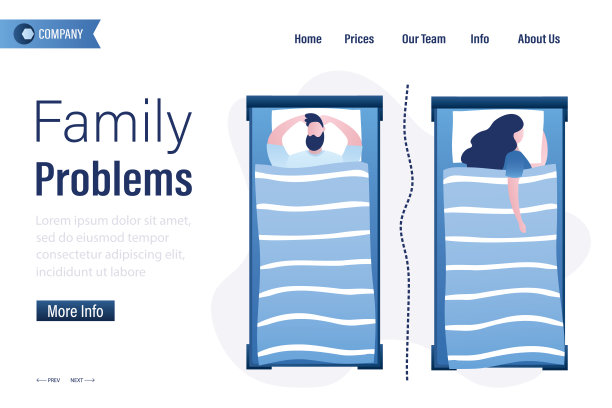 丈夫和妻子分床睡。家庭问题，登陆页面模板。性困扰，缺乏欲望和激情。出轨，家庭暴力。已婚夫妇分居。v图片下载