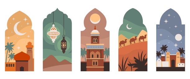 东方拱窗。斋月卡里姆，伊斯兰风格框架与沙漠景观，阿拉伯建筑，传统灯笼。宗教节日卡通平面风格孤立整洁向量集图片下载