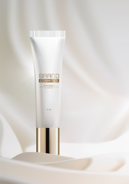 豪华化妆品瓶包装护肤霜浅米色光滑缎面织物背景。矢量3D插图海报与保湿化妆品优质产品。图片下载