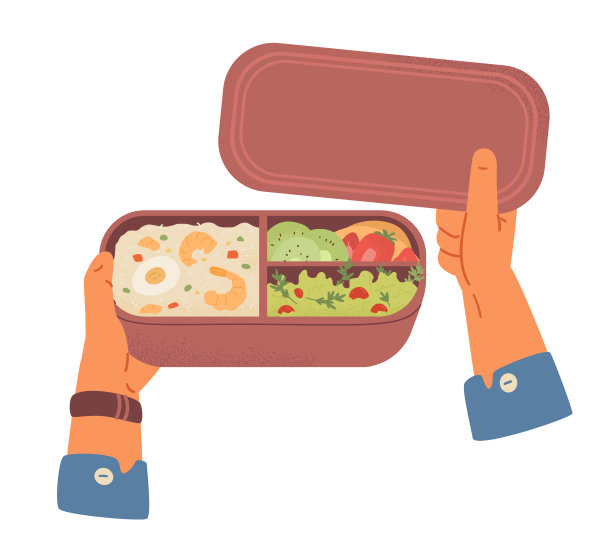 手握便当盒与食物矢量插图隔离在白色。盛有米饭、虾、水果、浆果和蔬菜沙拉的食品容器。图片下载