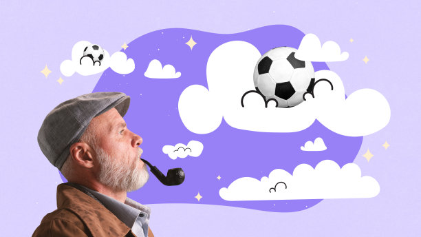 当代艺术拼贴。成熟的男人，看起来像侦探充满回忆的云想到他没有实现的梦想成为足球运动员。图片下载