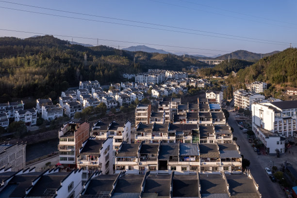 黄昏时小镇建筑和森林的航拍照片图片下载