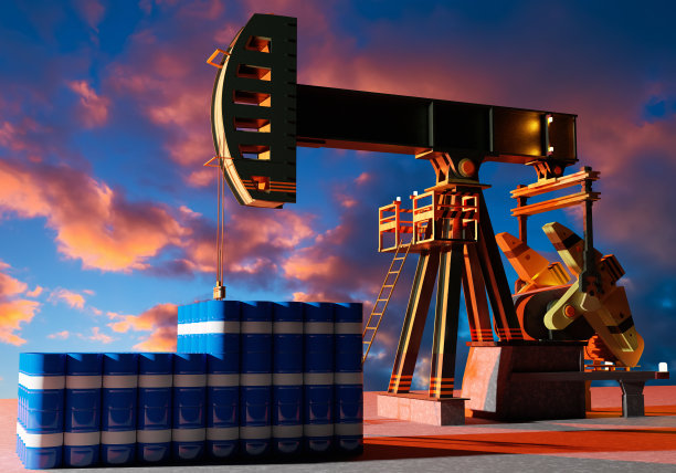 炼油厂。石油产品的提取和加工。油田生产原油。蓝色的石油桶。油泵在天空的背景。进出口能源载体。3 d渲染。图片下载