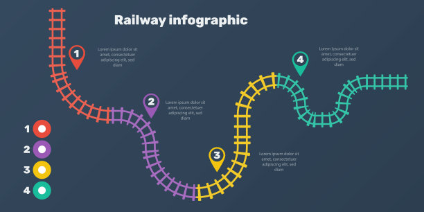 铁路轨道，铁路简单图标，铁路轨道方向，火车轨道彩色矢量插图在黑色背景上。信息图表元素，简单的说明。图片下载
