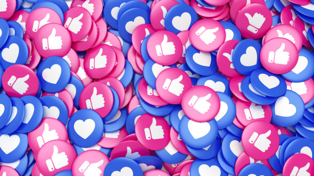 社交媒体图标背景。多色徽章，心形和大拇指向上的符号图片下载