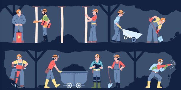 矿工们。矿工们拿着工具，穿着制服在地下一起工作。煤在石洞中开采，开采过程的矢量场景图片下载