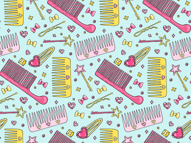 矢量无缝图案与发刷和夹子，发廊纹理，可爱的头配件发型织物图片下载