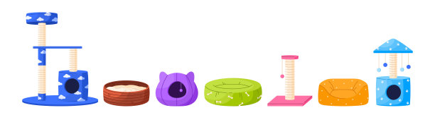 一套睡觉用的猫家具。收集宠物床屋，猫树与攀爬平台，玩具和抓柱。猫塔和篮子。矢量插图在卡通风格。隔离在白色背景上图片下载