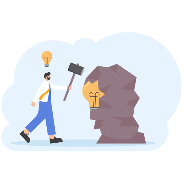 想法和解决方案。创造性的工作。一个人在石头里发现了一个灯泡。知识挖掘。创新，知识，洞察力，灵感。插画概念设计。向量的元素。蓝色的图片下载