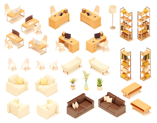 矢量等距家庭和办公家具图片下载