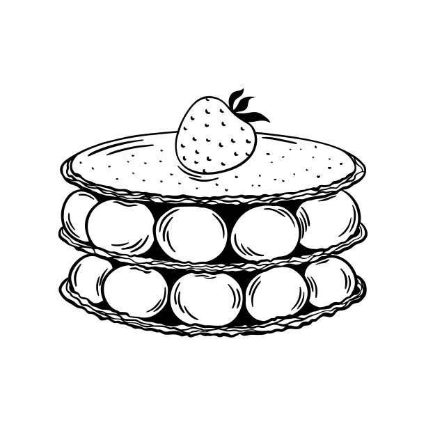 白巧克力千层甜点矢量插图。糕点线条艺术，雕刻，黑白轮廓图片下载