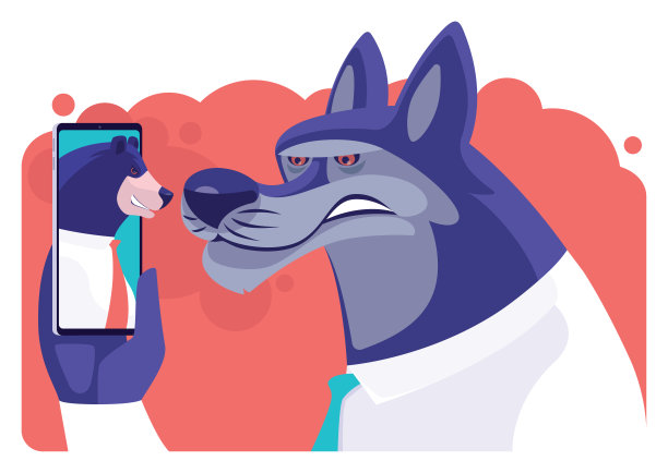 商人狼用智能手机和熊视频聊天图片下载