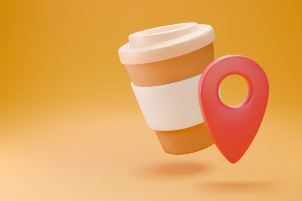 三维现实的咖啡杯与地图别针图标。向量图片下载