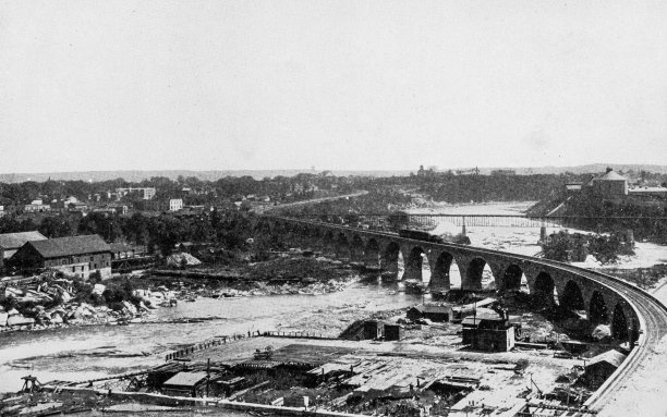 明尼阿波利斯的古董照片:铁路桥，下游图片下载