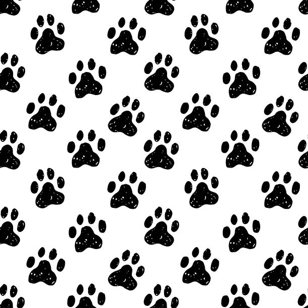 黑色动物爪印无缝图案在白色背景。粗略的，粗犷的，有质感的宠物爪印简单无尽的图案用于纺织品，纸设计。图片下载