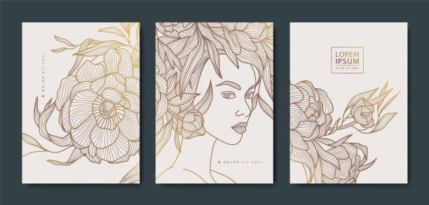 矢量集的女人线艺术封面，美丽的设计肖像与鲜花。女士时尚插画，日式风格图案图片下载