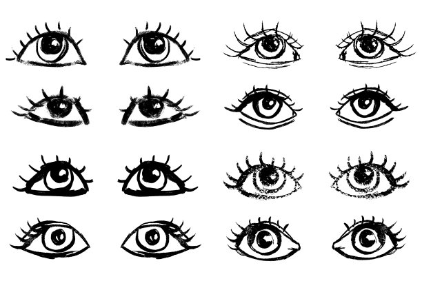 手绘素描集的眼睛。手用黑色墨水刷眼睛。画卡通眼睛。图片下载