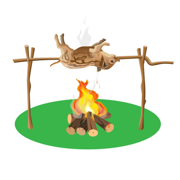 在烧烤叉上烤野乳猪。图片下载