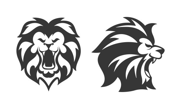黑色和白色狮子头轮廓的设计项目，标志和品牌。大胆和引人注目的矢量插图图片下载