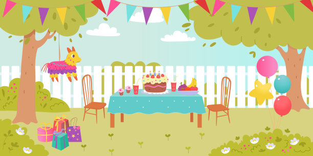 后院花园的生日宴会装饰。外面摆着蛋糕、气球、花环、皮纳塔和礼物的节日餐桌。孩子们在木栅栏前的草坪上庆祝。卡通矢量插图图片下载