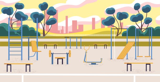 公园健身器材。户外街道健身房运动健身机，户外空旷的自然运动操场，城市健身酒吧训练图片下载