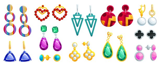 卡通宝石耳环。时尚珠宝耳环配祖母绿珍珠吊坠，黄金珠宝配饰为女士耳隔离闪亮奢华配饰套装，插画巧妙图片下载