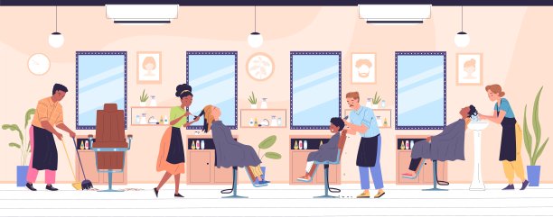 美发沙龙的客户。发型师在椅子上对着镜子剪发，理发店理发服务沙龙内部的理发师高兴的顾客图片下载