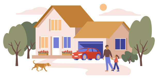 有狗、车库和红色汽车的家庭住宅插图。图片下载