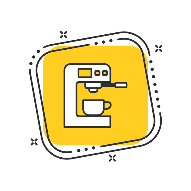 卡通咖啡机图标矢量插图。咖啡在孤立的黄色方形背景。咖啡标识概念。图片下载