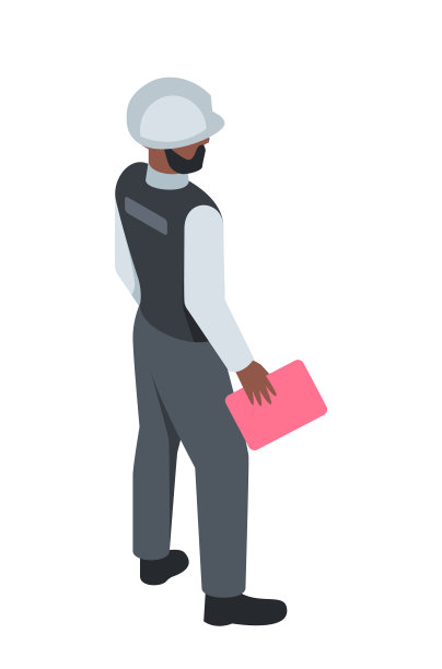 产业工人等距图标。协助承包商控制企业和生产的工作质量。戴头盔的工厂员工。卡通三维矢量插图图片下载