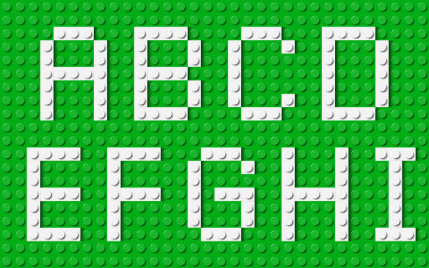 字母的字母组成的白色塑料砖玩具块在绿色施工板。建筑砖字体。矢量背景插图图片下载