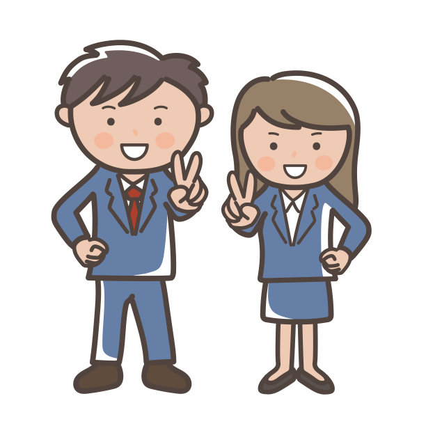 男士和女士微笑着做和平手势的全身插图——深蓝色西装图片下载