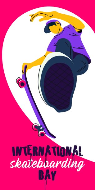 国际滑板日。一个拿着滑板的家伙在粉色和白色的背景上跳跃。滑板技巧，滑冰，跳跃。6月21日的节日，横幅上写满了聪明人图片下载
