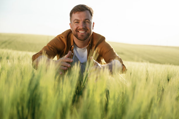拥抱生长的小麦，微笑着。英俊的男人白天在农田里图片下载