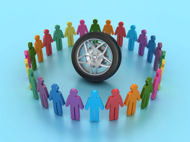 三维车轮与卡通象形文字团队合作的人图片下载