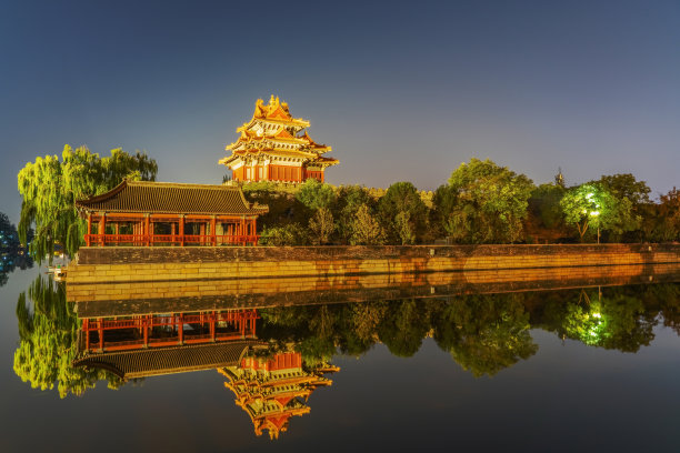 中国北京紫禁城的城墙、角楼和护城河的夜景图片下载
