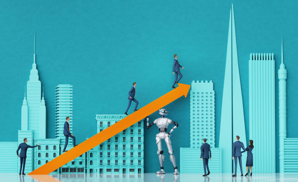 机器人在人与人之间行走，商务人士和机器人工作和合作的概念3D渲染插图与复制空间图片下载