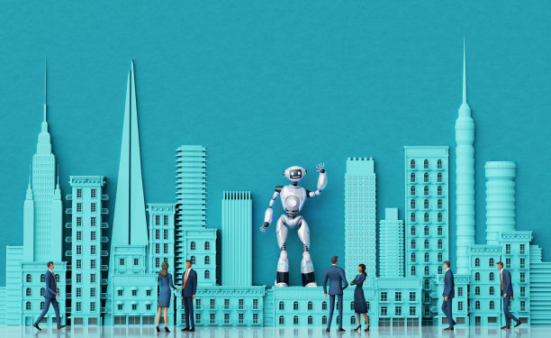 商人介绍新的启动与人工智能组件。城市、金融和银行服务中的机器人和人工智能。三维渲染图片下载