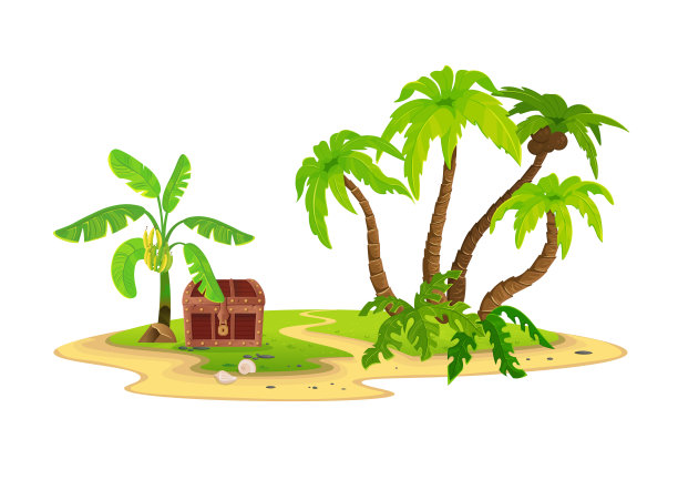 卡通热带岛屿与封闭的胸部在一个白色的背景。矢量插图。图片下载