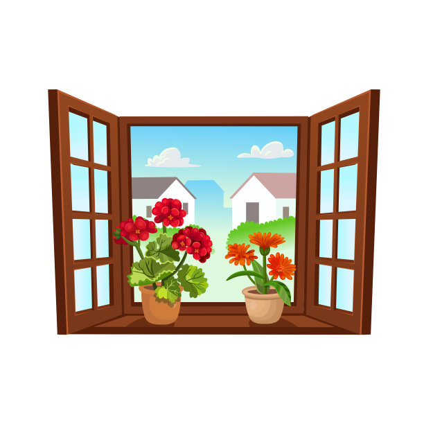 木制矢量打开的窗户与鲜花。矢量插图在平面卡通线的风格。图片下载