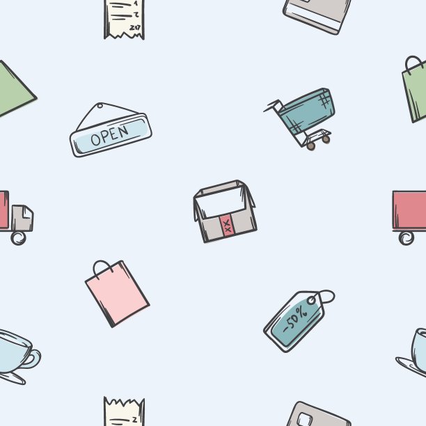 与购物和折扣相关的无缝模式。矢量集的购物车，包装，咖啡杯的图标图片下载