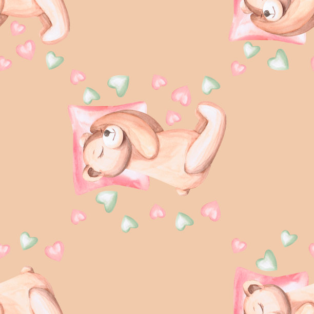 睡熊和心脏的水彩插图在米色背景上的无缝图案。手绘插图睡觉的熊为婴儿壁纸，婴儿亚麻布，婴儿淋浴。图片下载