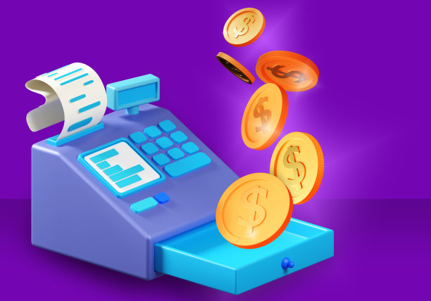 收银客服。收银机在紫色。接收付款的设备。金币下雨了。现金服务设备。用于发放购物支票的设备。3 d渲染。图片下载