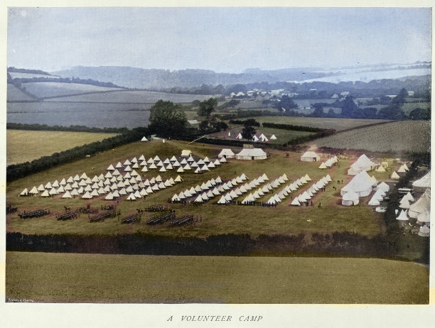 英国陆军志愿兵营地，野外帐篷，维多利亚时期军事史，复古照片，19世纪90年代图片下载