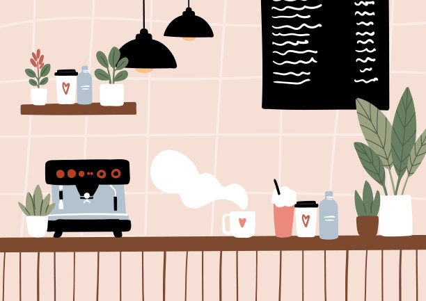 宠物友好咖啡店的室内和室外背景：舒适的座位和桌子、茂盛的盆栽植物、咖啡馆外观和露台座位，扁平风格矢量插画图片下载