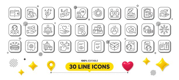 体育场馆，家庭设施和加油站线图标包。用于网页应用。3d设计元素。向量图片下载