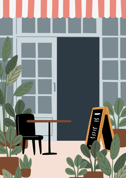 宠物友好咖啡店的室内和室外背景：舒适的座位和桌子、茂盛的盆栽植物、咖啡馆外观和露台座位，扁平风格矢量插画图片下载