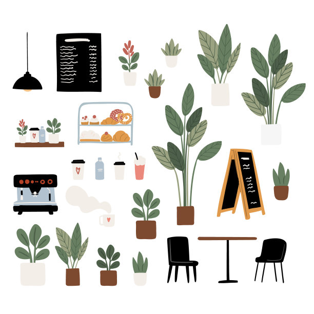 宠物友好咖啡店的室内和室外背景：舒适的座位和桌子、茂盛的盆栽植物、咖啡馆外观和露台座位，扁平风格矢量插画图片下载